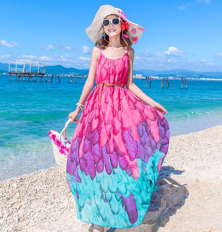 Women's Summer Feather Print Casual Long Chiffon Dress Lady's Sexy Sleeveless Sunscreen Long Beach Vacation Bohemia Dress TB353