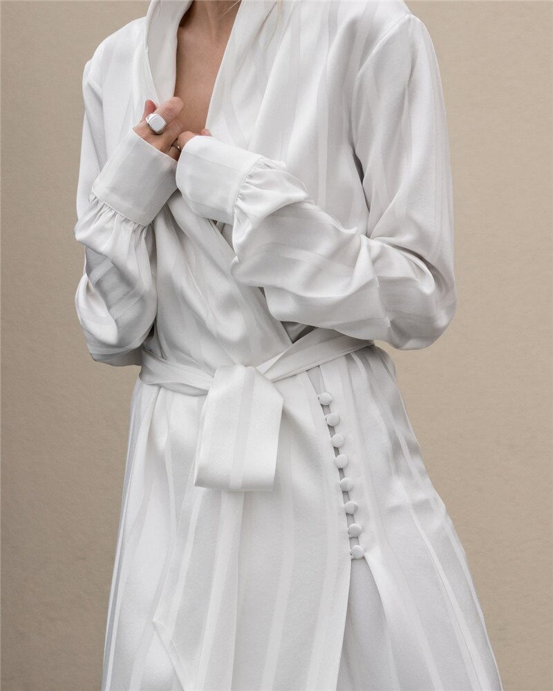 Striped Satin Pajamas Style Loose Women Dress  Celebrity Robe Femme White Casual