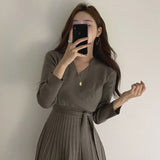 Clacive  V-Neck Lace Up Knitted Dress Women Full Sleeve Office Ladies A Line Sweater Dress Female Knitting Vestidos