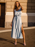 Clacive Bodycon Blue Satin Casual Women'S Dresses  Summer Sexy Sleeveless Belt Midi Dress Fashion Slim Slit Female Dress