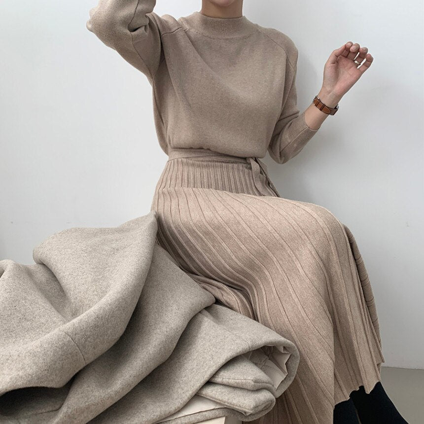 Clacive  Women's Dress For New Year  Knitted A Line Turtleneck Elegant Dresses With Sashes Casual Midi Long Pleated Dress