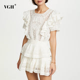Clacive  White Elegant Patchwork Lace Ruffle Dress For Women Square Collar Short Sleeve High Waist Mini Dresses Female Summer Fashion