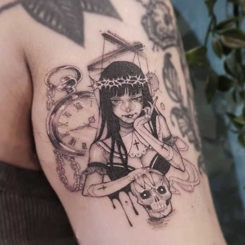 Clacive Dark Puppet Witch Waterproof Temporary Tattoo Stickers Female Skull Shackles Horror Art Fake Tattoos Flower Arm Tattoo Stickers