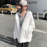 Clacive  White Warm Oversize Faux Fur Sweatshirt Hood Long Sleeve Zipper Winter Clothes Fluffy Jackets For Women  Streetwear