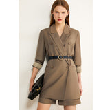 Clacive   Autumn Causal Women Solid Lapel Double Breasted Office Coat High Waist Loose Shorts Female 12060012