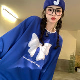 Fall outfits White Big Bow Autumn Hoodies Women O-Neck Long Sleeve Casual Sweatshirts Blue Letters Embroidery Oversized Warm M667
