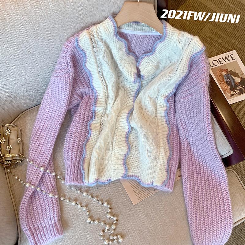 Clacive New Short Sweaters Coat Women Elegant Autumn Winter Color Block Sweet Knitwear Tops All-Match Korean Style Knitted Cardigan Lady