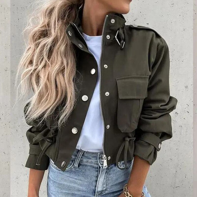 Clacive New Fashion Zipper Stand Neck Solid Buckle Coat Women Autumn Winter Casual Single Breasted Short Coat Long Sleeve Outwears