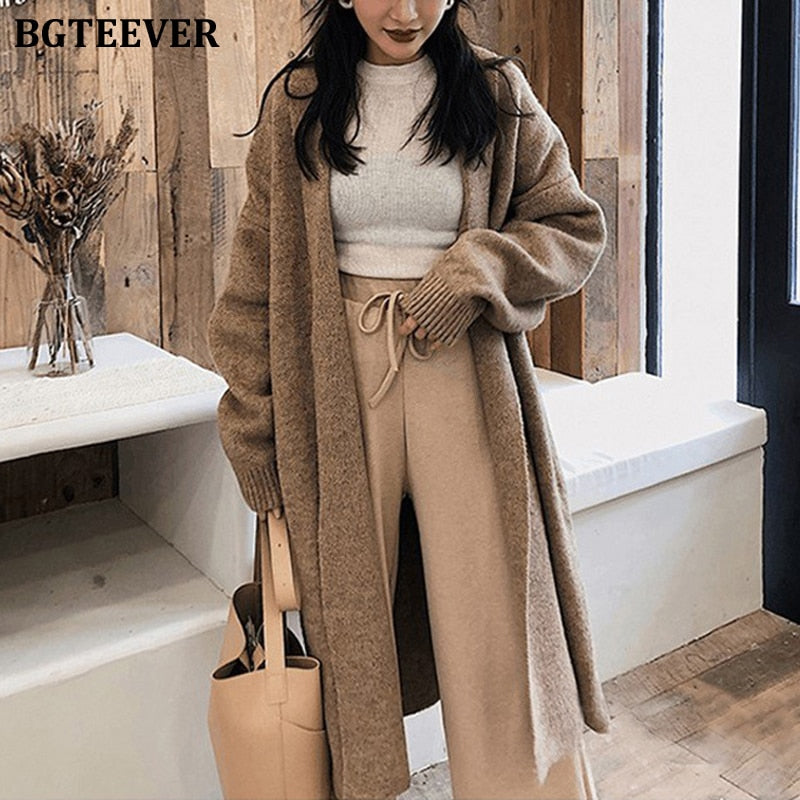 Chic Oversized Knitted Cardigans For Women V-Neck Soft Warm Loose Female Sweater Cardigans Autumn Winter