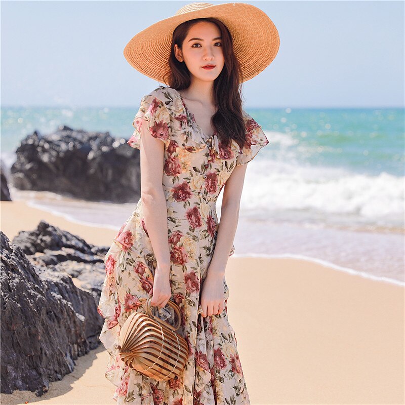 Clacive High Quality  Holiday Vacation Women Off The Shoulder Floral Print Summer Short Sleeve Long Dress