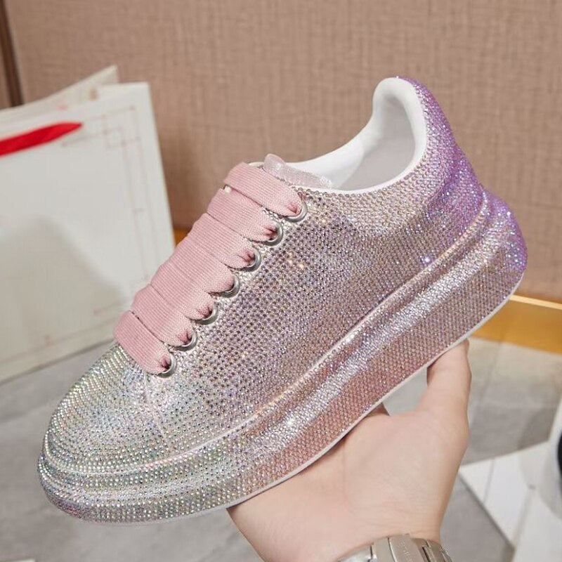 Clacive New Gradient Flashing Diamond Decoration Flat Thick Bottom Low Top Casual Shoes Female Platform Rhinestone Sneakers Female
