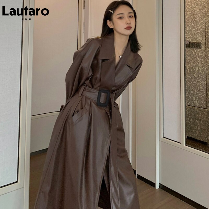 Clacive  Autumn Long Oversized Brown Faux Leather Trench Coat For Women Belt Runway Stylish Loose European Style Fashion