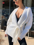 Clacive  Women V-Neck Bandage Long Sleeve Sweater Cardigan Ladies Solid Chic Loose Casual Sweaters  Fall Winter Basic Outwears