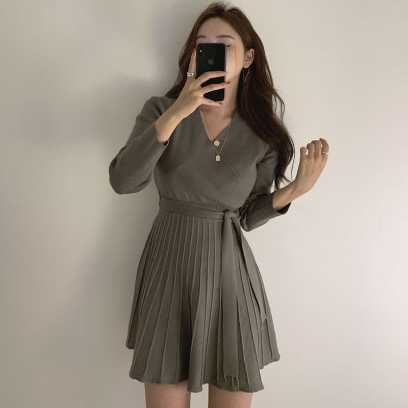 Clacive  V-Neck Lace Up Knitted Dress Women Full Sleeve Office Ladies A Line Sweater Dress Female Knitting Vestidos