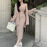 Clacive Sexy Knitted Suits Spring Autumn Long Sleeve Cardigan Coat Jacket And Strapless Long Knit Dress 2 Two Piece Set Women Outfits