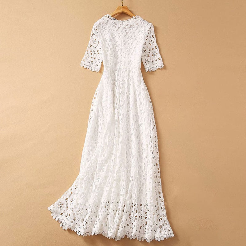 Clacive  Elegant White Maxi Dress For Women V Neck Half Sleeve High Waist Hollow Out Slim Dresses Women  Spring New Style Fashion
