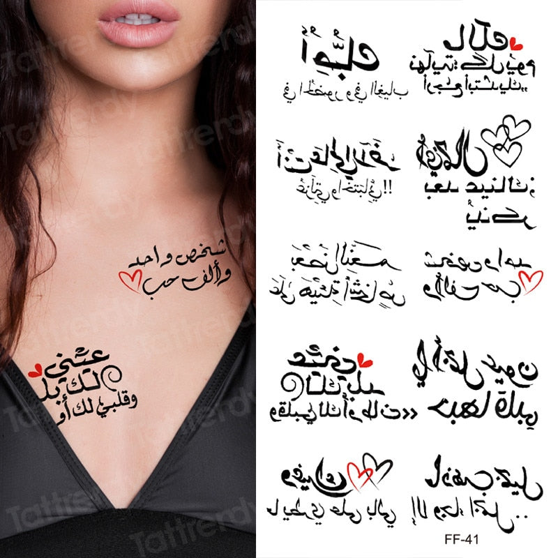 Clacive Arabic script Temporary tattoo sticker waterproof arm body leg shoulder neck sexy tatoo Letter Heartbeat Heart Love tattoo womem