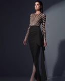Clacive  New Fashion Sexy See-Through Elegant Split Gown Long Sleeve V-Neck Stripe Sexy Dress Eye-Catching Glittery Party Dresses