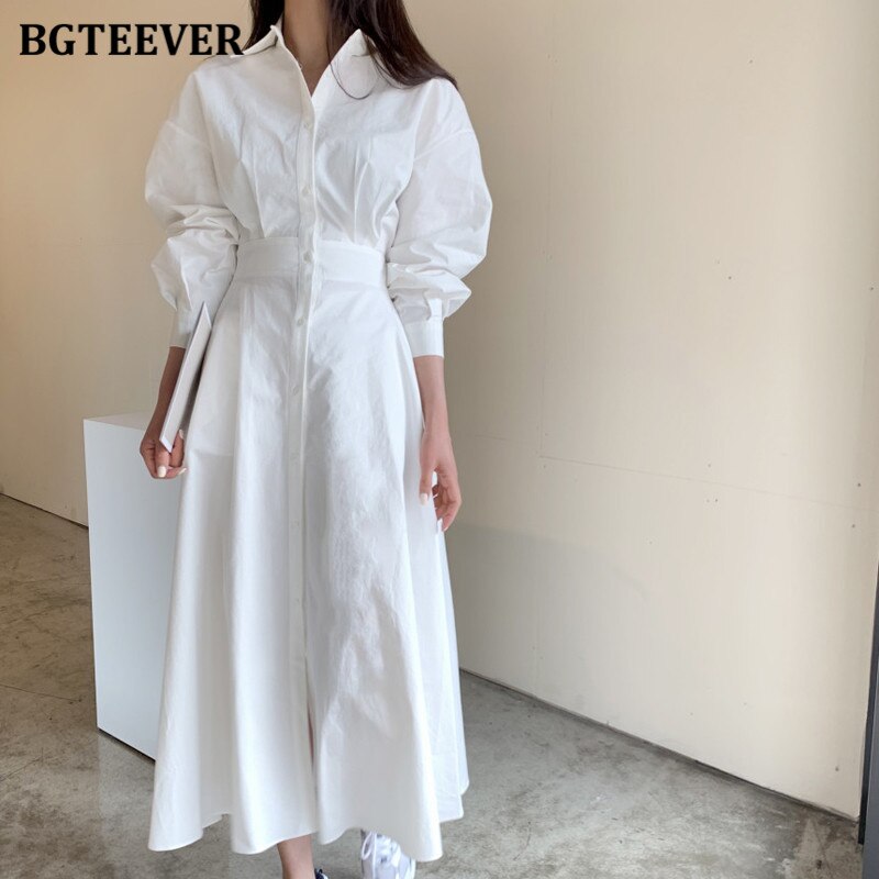 Elegant Turn-Down Collar Women Shirt Dress  Spring Single-Breasted Slim Waist Female A-Line Dress Ladies Vestidos