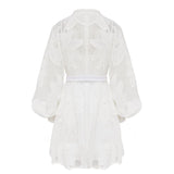 Clacive  White Elegant Patchwork Embroidery Dress For Women Stand Collar Lantern Long Sleeve High Waist Dresses Female  New