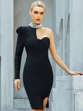 Clacive  Winter Women One Shoulder Long Sleeve Bandage Dress Luxury Pearls Evening Clothing Club Celebrity Runway Party Dress