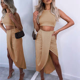 Fall outfits  White Casual Two Piece Set 2021 Top Pleated Long Skirt Split Autumn Women Set High Stretch 2 Piece Set Women Outfit