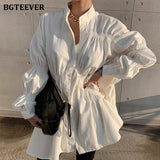 Vintage Stand Collar Ruched Women Blouses  Autumn Single-Breasted Puff Sleeve Oversized Female White Shirts Tops