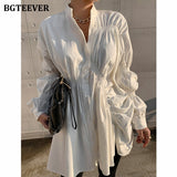 Vintage Stand Collar Ruched Women Blouses  Autumn Single-Breasted Puff Sleeve Oversized Female White Shirts Tops