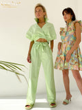 Clacive Fashion Short Sleeve Shirts Set Woman 2 Pieces Summer Lace-up High Waist Pants Set Female Casual Green Trouser Suits