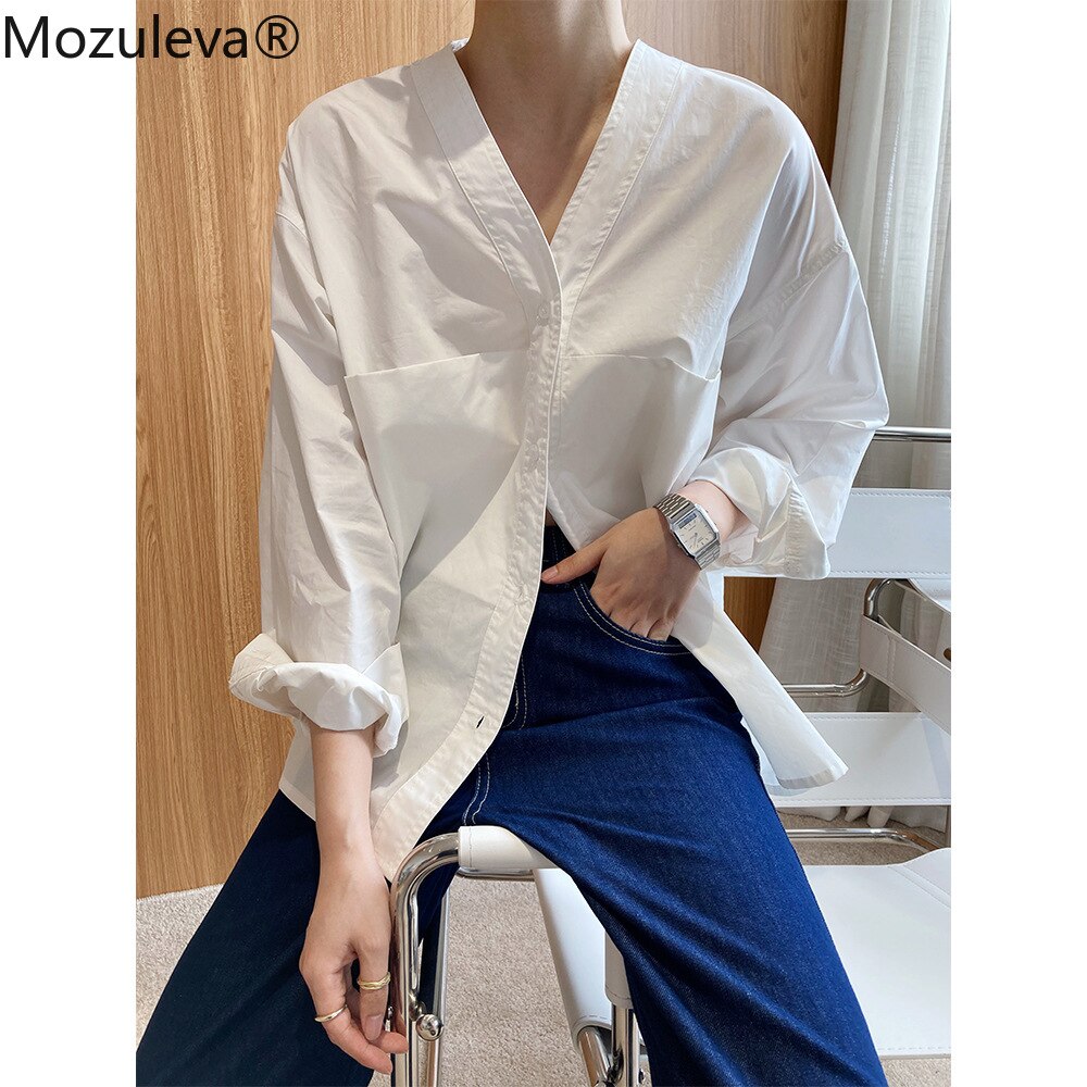 Clacive  Basic White Shirts For Women Spring Summer Turn-Down Collar Double Pockets Office Ladies Blouse Female Tops Blusas