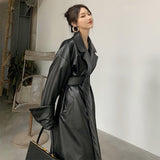Clacive  Long Oversized Leather Trench Coat For Women Long Sleeve Lapel Loose Fit Fall Stylish Black Women Clothing Streetwear