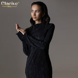 Clacive Bodycon Black Office Women's Dress  Elegant Long Sleeve Pleated Mini Dresses Vintage O-neck Solid Female Dress