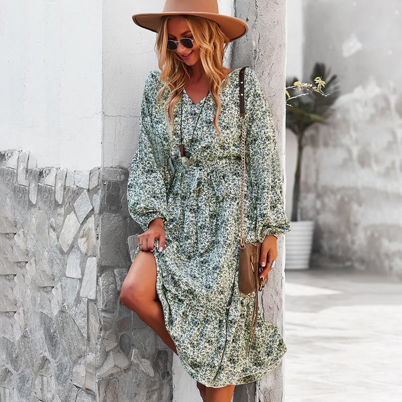Clacive  V-Neck Long Sleeve Floral Casual Dress Women's Spring And Autumn Fashion Lace Elegant Party Dresses For Women Clothing