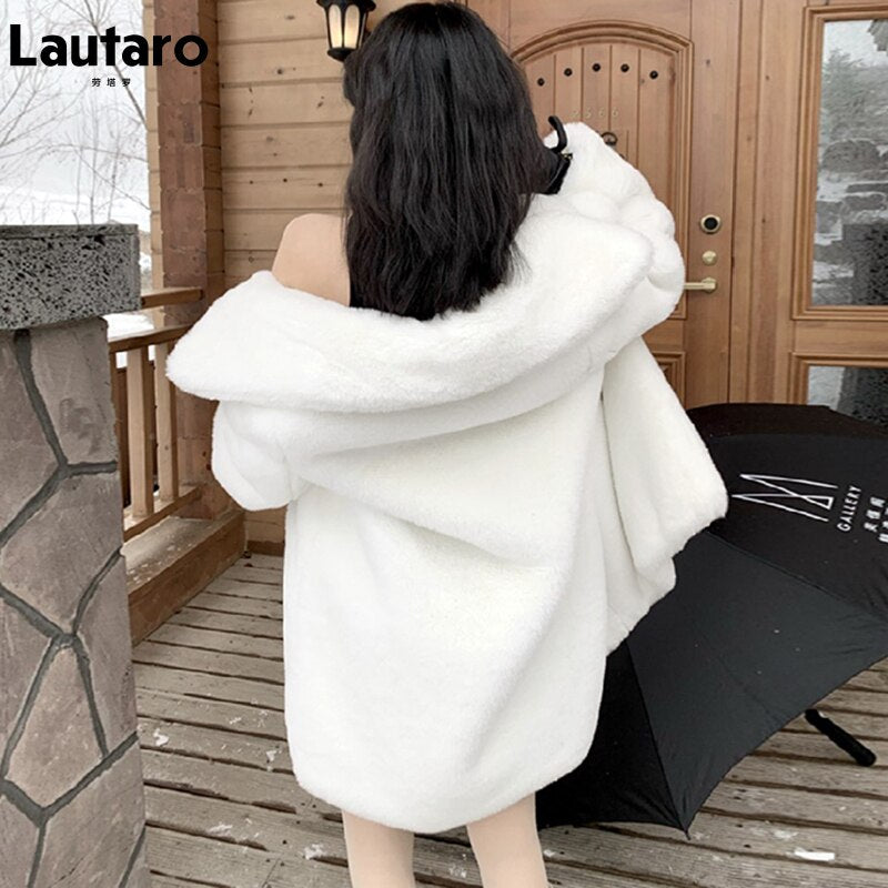 Clacive  Winter Warm White Faux Fur Coat Women Long Sleeve Lapel Double Breasted Luxury Elegant Fluffy Fake Rabbit Fur Blazers