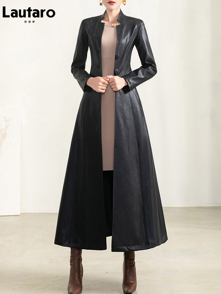 Clacive  Spring Autumn Long Black Soft Waterproof Faux Leather Coat Women Belt Long Sleeve Single Breasted Luxury Fashion