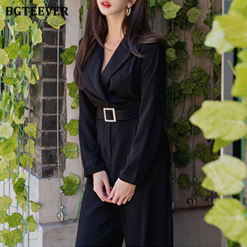 Office Wear Ladies Playsuit Notched Collar V-Neck Belted Slim Waist Female Jumpsuit Rompers Autumn Loose Overalls