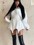 Clacive  Fashion Hooded Dress For Women White Waist Wrap Bodycon Mini Dress Spring Long Sleeve Hoodies Sweatshirt Dresses