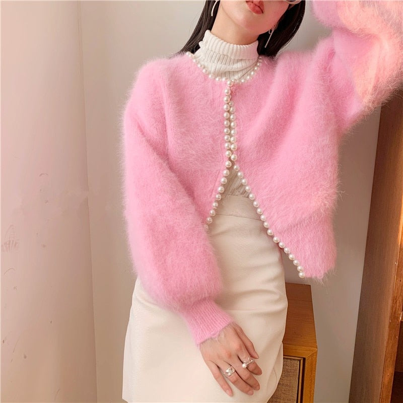 Clacive Fashion Nail Bead Sweater Coat Female Social Autumn Winter Imitation Mink Cashmere Jacket Sueter Mujer Cardigan For Women Chic