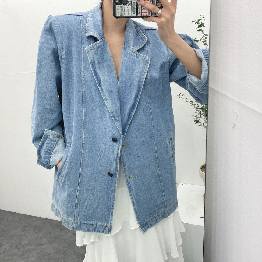 Clacive Vintage Denim Notched Blazers Jackets Women  Autumn Loose Casual Full Sleeve Jeans Female Oversized Coats Outerwear V761