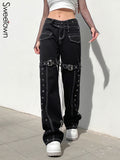 Clacive  Black Streetwear Jean Cargo Pants With Sashes Eyelet Chains Punk Style Denim Trousers Women Low Waist Straight Jeans