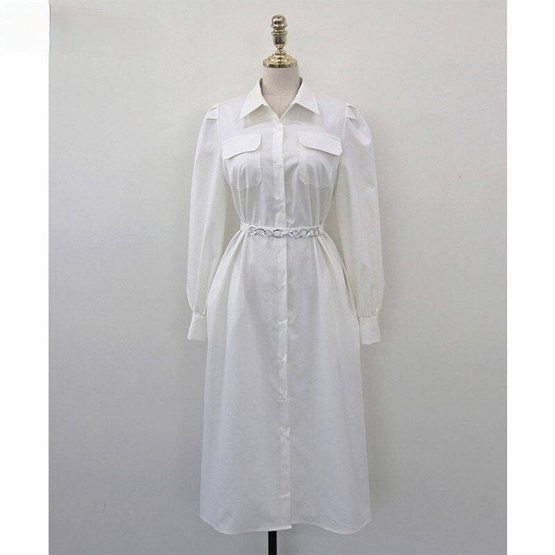 Clacive  Turn-Down Collar Women Shirt Dress  Elegant Single-Breasted Belted Slim Waist Female Dress Summer Vestidos