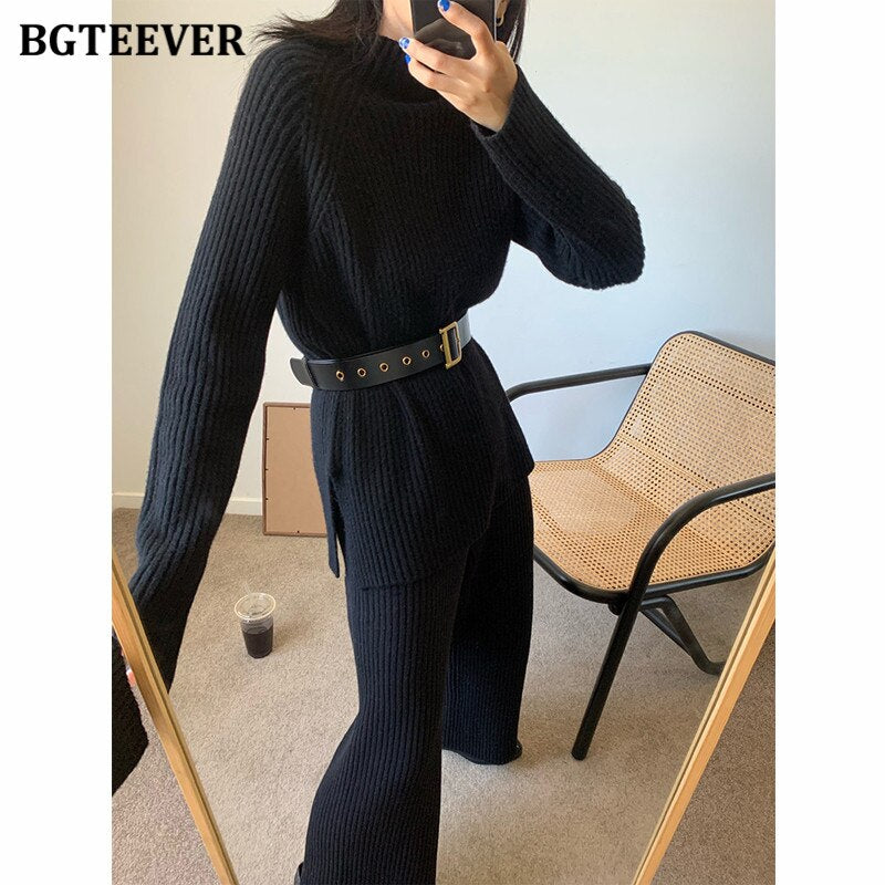 Vintage Women Solid Knitted Set  Autumn Long Sleeve Pullovers & Elastic Waist Pants Ladies 2 Pieces Sweaters Set