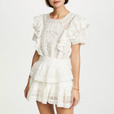 Clacive  White Elegant Patchwork Lace Ruffle Dress For Women Square Collar Short Sleeve High Waist Mini Dresses Female Summer Fashion