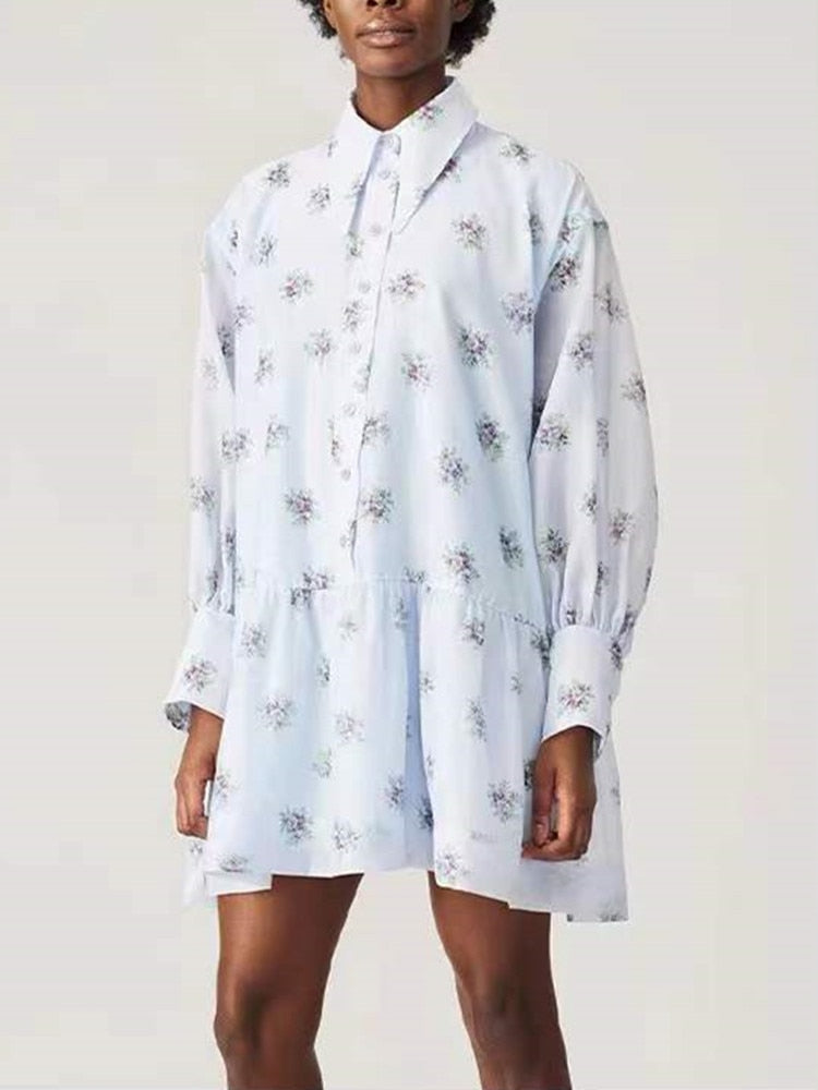 Clacive Women Turn-Down Collar Floral Print Mini Dress  Early Spring Loose Long-Sleeved Loose Short Robes With Buttons