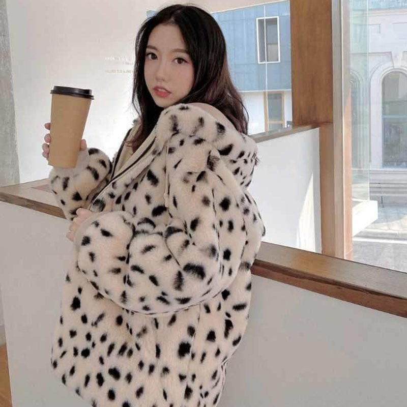 Clacive  Winter Faux Fur Hooded Coat Women Korean Cute Leopard Print Bear Ear Cap Warm Jacket Casual Loose Plush Overcoat Female