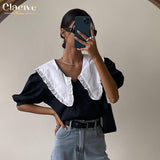 Clacive Summer Doll Collar Fashion Blouse Women  Elegant Short Sleeve Office Shirts Lady Casual Slim Black Shirt Top Female