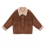 Clacive  New Autumn Winter Women Corduroy Jackets Vintage Brown Plush Collar Warm Cropped Coats Female Pockets Add Velvet Jacket