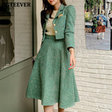 Vintage Ladies 2 Pieces Skirt Suits Short Jackets & High Waist A-Line Midi Skirts  Autumn Elegant Women Suits