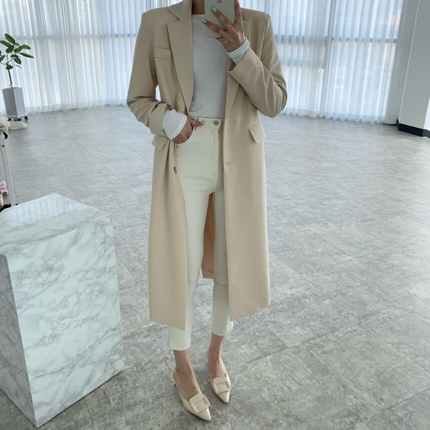 Clacive  Fashion Autumn Winter Coat Women Long Sleeve Single Breasted Solid Color Slim Long Blazer Loose Elegant Ladies Jacket