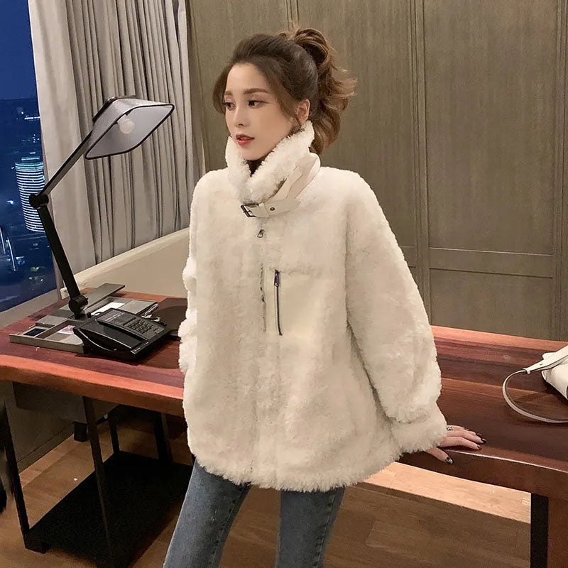 Clacive  Korean Thick Wool Cashmere Coat Women Fashion Stand-Up Collar Faux Fur Outwear Fur All-In-One Motorcycle Jacket Coat